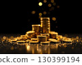 A stack of gold coins on a black background with glitter. Savings, investments, capital, business. AI generated 130399194