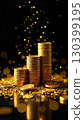 A stack of gold coins on a black background with glitter. Savings, investments, capital, business. AI generated 130399195