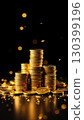 A stack of gold coins on a black background with glitter. Savings, investments, capital, business. AI generated 130399196