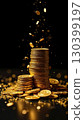 A stack of gold coins on a black background with glitter. Savings, investments, capital, business. AI generated 130399197