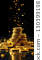 A stack of gold coins on a black background with glitter. Savings, investments, capital, business. AI generated 130399198