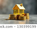 Gold luminous symbol of tiny house on stack of gold coins on grey concrete background. Housing, mortgage, rent, booking, investment, realtor, insurance. AI generated 130399199