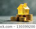 Gold luminous symbol of tiny house on stack of gold coins on grey concrete background. Housing, mortgage, rent, booking, investment, realtor, insurance. AI generated 130399200