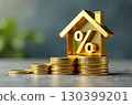 Gold luminous symbol percent in house on stack of gold coins on grey concrete background. Housing construction, discount, coupon, purchase, sale, realtor, mortgage, insurance, booking. AI generated 130399201