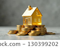 Gold luminous symbol of tiny house on stack of gold coins on grey concrete background. Housing, mortgage, rent, booking, investment, realtor, insurance. AI generated 130399202