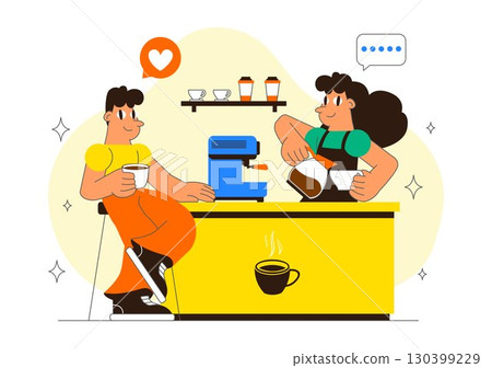 Coffee Shop Culture Vector Illustration featuring a Visit to Coffee Shops with Beverages, Social Experience, and Relaxing Atmosphere in a Background 130399229