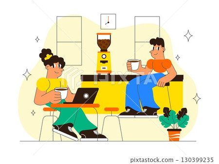 Coffee Shop Culture Vector Illustration featuring a Visit to Coffee Shops with Beverages, Social Experience, and Relaxing Atmosphere in a Background Coffee Shop Culture Vector Illustration featuring a Visit to Coffee Shops with Beverages, Social Experience, and Relaxing Atmosphere in a Background 130399235