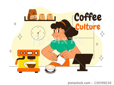 Coffee Shop Culture Vector Illustration featuring a Visit to Coffee Shops with Beverages, Social Experience, and Relaxing Atmosphere in a Background Coffee Shop Culture Vector Illustration featuring a Visit to Coffee Shops with Beverages, Social Experience, and Relaxing Atmosphere in a Background 130399238