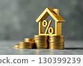 Gold luminous symbol percent in house on stack of gold coins on grey concrete background. Housing construction, discount, coupon, purchase, sale, realtor, mortgage, insurance, booking. AI generated 130399239