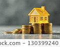 Gold luminous symbol of tiny house on stack of gold coins on grey concrete background. Housing, mortgage, rent, booking, investment, realtor, insurance. AI generated 130399240