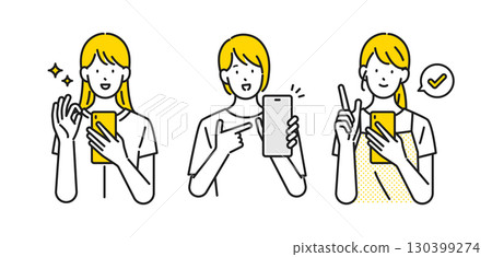 Stock Illustration: Young woman happy to see smartphone facial expression set 130399274