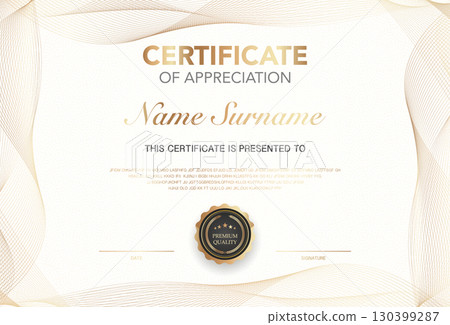 Modern certificate of appreciation template with elegant gold and black design, premium quality badge, customizable name and signature area, perfect for awards, achievement or recognition. 130399287