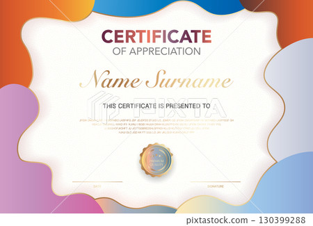 Modern certificate of appreciation template with elegant gold and black design, premium quality badge, customizable name and signature area, perfect for awards, achievement or recognition. Modern certificate of appreciation template with elegant gold and black design, premium quality badge, customizable name and signature area, perfect for awards, achievement or recognition. 130399288