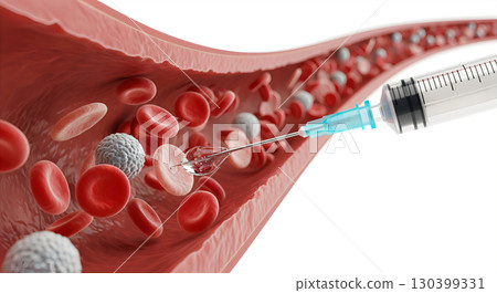 A medical illustration shows a syringe injecting a substance into a blood vessel. 130399331
