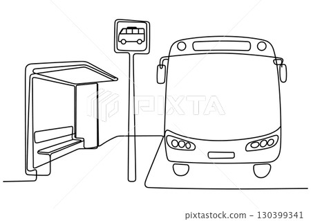 Continuous Line Drawing of a Bus at a Bus Stop Continuous Line Drawing of a Bus at a Bus Stop 130399341