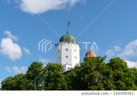 Medieval castle in Vyborg and St. Olav Tower. Fortress was built by Swedes during Middle Ages.  130399361
