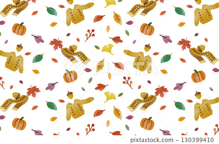 Autumn item pattern seamless background (watercolor touch) 130399410