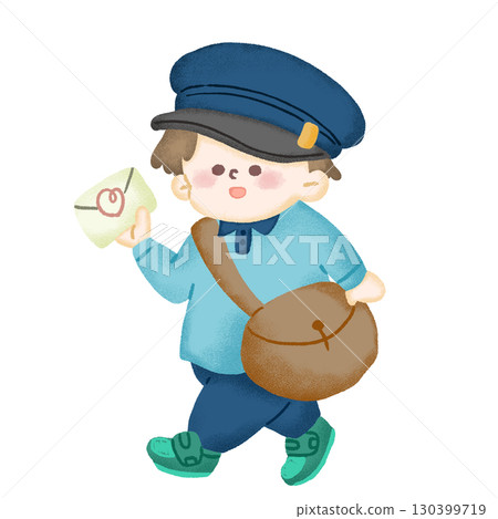 Illustration of a child pretending to be a postman and playing delivery Illustration of a child pretending to be a postman and playing delivery 130399719