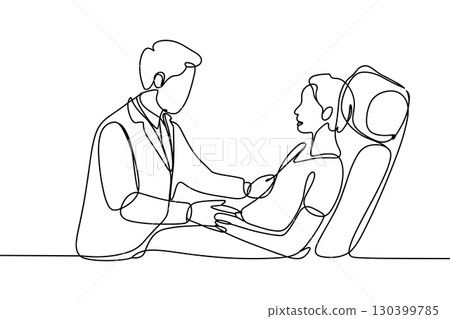 One Continuous Line Drawing of a Male Doctor Consulting with a Female Patient 130399785
