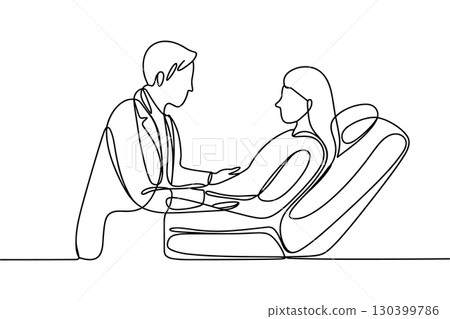 One Continuous Line Drawing of a Male Doctor Consulting with a Female Patient 130399786