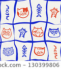Seamless hand-drawn cat pattern with doodle cat faces, cute paw, meow lettering and wavy grid lines. 130399806