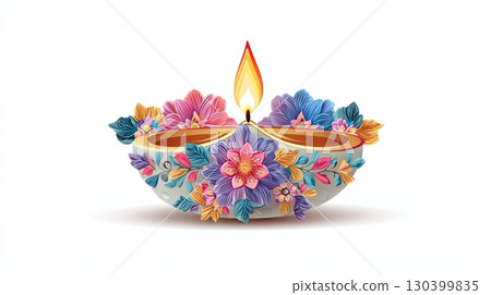 Decorative Floral Diya with Vibrant Colors 130399835