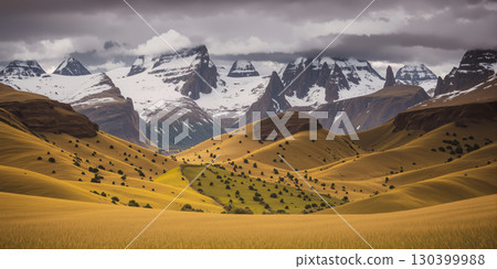 Rural grassland landscape with mountains and rain clouds in the background 130399988