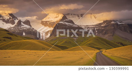 Rural grassland landscape with mountains and rain clouds in the background Rural grassland landscape with mountains and rain clouds in the background 130399991