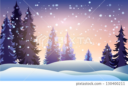 A serene winter landscape features tall evergreen trees dusted with snow under a sky filled with softly falling snowflakes. The scene captures the essence of Christmas tranquility at dusk 130400211