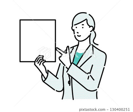 一位女性商務人士拿著活動掛圖並指著某物的插圖 - 簡單的線條畫插圖向量素材 130400251