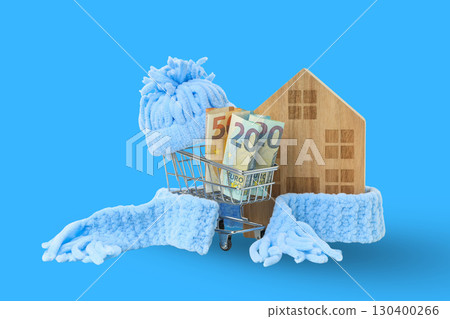 Shopping cart with cash and winter clothing for heating 130400266