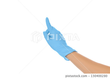 Gloved hand pointing in a clean space, isolated on white, PNG 130400280