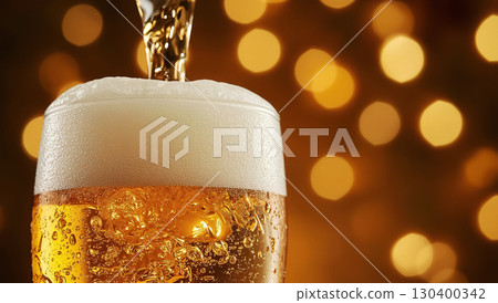 Close-up of cold lager pouring into a frosted glass with thick foam against a festive bokeh background. Festive setting with lights in the background, no people. Festive food concept for Oktoberfest. 130400342