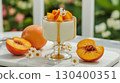 Creamy panna cotta with fresh peach slices, honey drizzle, and floral decoration served in a glass dish. Refreshing summer dessert or a healthy light treat. Healthy food style. National Dessert Day 130400351