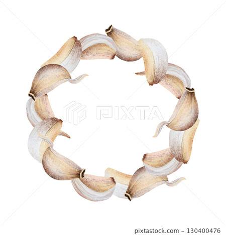 Garlic cloves wreath watercolor illustration isolated on white. Hand drawn realistic round vegetables frame in beige colors for spice recipes, traditional medicine and food cooking stickers 130400476