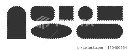 Wavy scallop edge frame set. Wave rectangle, circle, oval geometric shape. Scalloped wiggle border. Squiggly clouds square stickers. Empty text boxes. Vector illustration isolated on white background 130400564