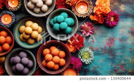 Colorful bowls filled with traditional sweets and vibrant flowers, creating a festive atmosphere for Diwali celebration with decorative candles 130400644