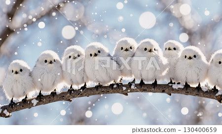 A flock of cute Ai long-tailed tits lined up on snowy branches 130400659