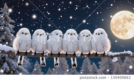 A flock of cute Ai long-tailed tits lined up on snowy branches 130400661