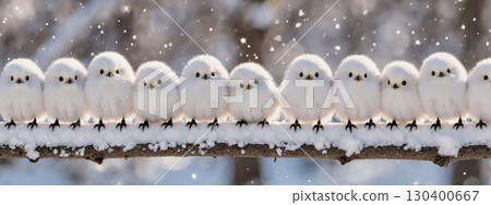 A flock of cute Ai long-tailed tits lined up on snowy branches 130400667