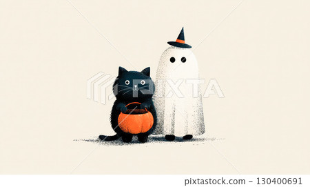 Black cat holding orange pumpkin basket with a friendly ghost wearing a hat, perfect for Halloween-themed illustrations and festive decorations 130400691