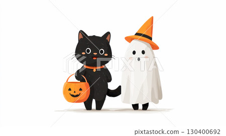 Cute black cat holding pumpkin basket stands beside friendly ghost wearing orange witch hat, illustrating a playful Halloween theme 130400692