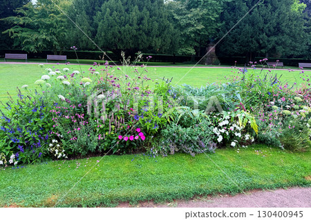 A dense public flower bed filled with seasonal blooms and ornamental plants in front of several benches. Floral design and seasonal curation in public spaces, public horticulture A dense public flower bed filled with seasonal blooms and ornamental plants in front of several benches. Floral design and seasonal curation in public spaces, public horticulture 130400945