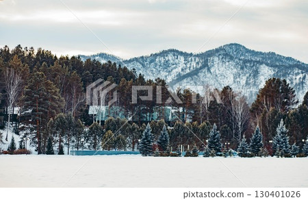 snowy mountain landscape, evergreen forest and wooden houses hidden among trees, scenic winter view of natural environment with pine trees and hills, travel, nature and seasonal ecology snowy mountain landscape, evergreen forest and wooden houses hidden among trees, scenic winter view of natural environment with pine trees and hills, travel, nature and seasonal ecology 130401026