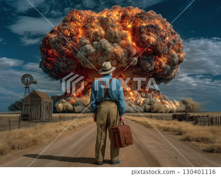 View from the back of old farmer looking at the nuke explosion in the horizon 130401116