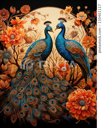colorful peacock birds painting illustration 130401117