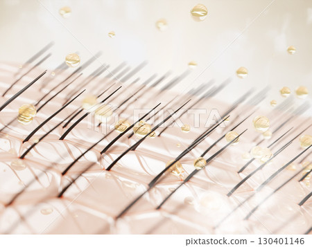 Men hair care 3d background. Skin cells of face or scalp with follicles and oil spray drops. Male shampoo or conditioner, gold liquid bubbles for beard growth. Cosmetic beauty product. 3D illustration Men hair care 3d background. Skin cells of face or scalp with follicles and oil spray drops. Male shampoo or conditioner, gold liquid bubbles for beard growth. Cosmetic beauty product. 3D illustration 130401146