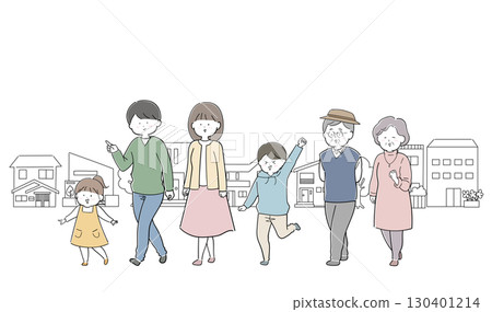 A young family and a senior couple walking in the city (cityscape) A young family and a senior couple walking in the city (cityscape) 130401214