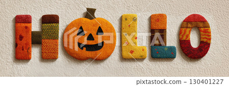 A colorful HELLO sign with a pumpkin in place of the "E" made from scrap fabric combines warm autumn aesthetics with a Halloween vibe in a cozy, textured design. 130401227