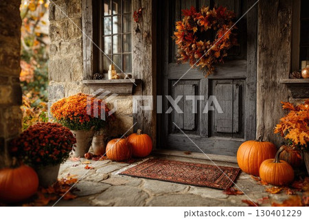rustic front door decorated for Halloween or thanksgiving with fall wreath featuring autumn orange maple leaves and acorns, pumpkins and chrysanthemums. Fall outdoor decor 130401229
